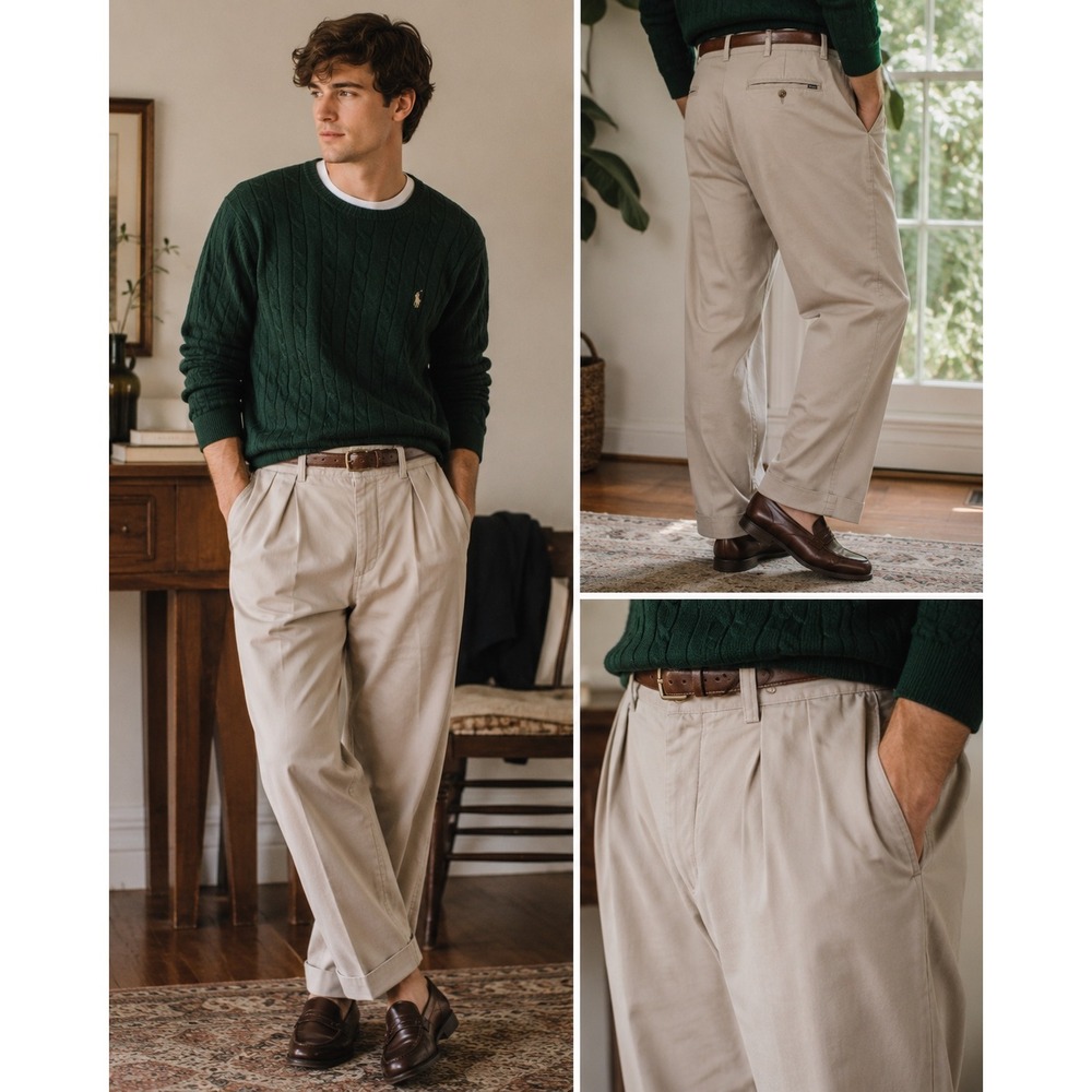 Polo Ralph Lauren Andrew Pant Mens 36x30 Khaki Tan Double Pleated Chino Trousers